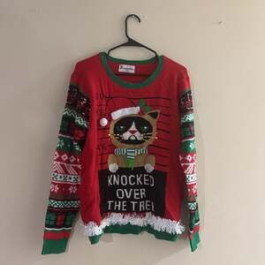Grumpy Cat Ugly Christmas Sweater Men's Red "Knocked Over The Tree" Holiday Fun